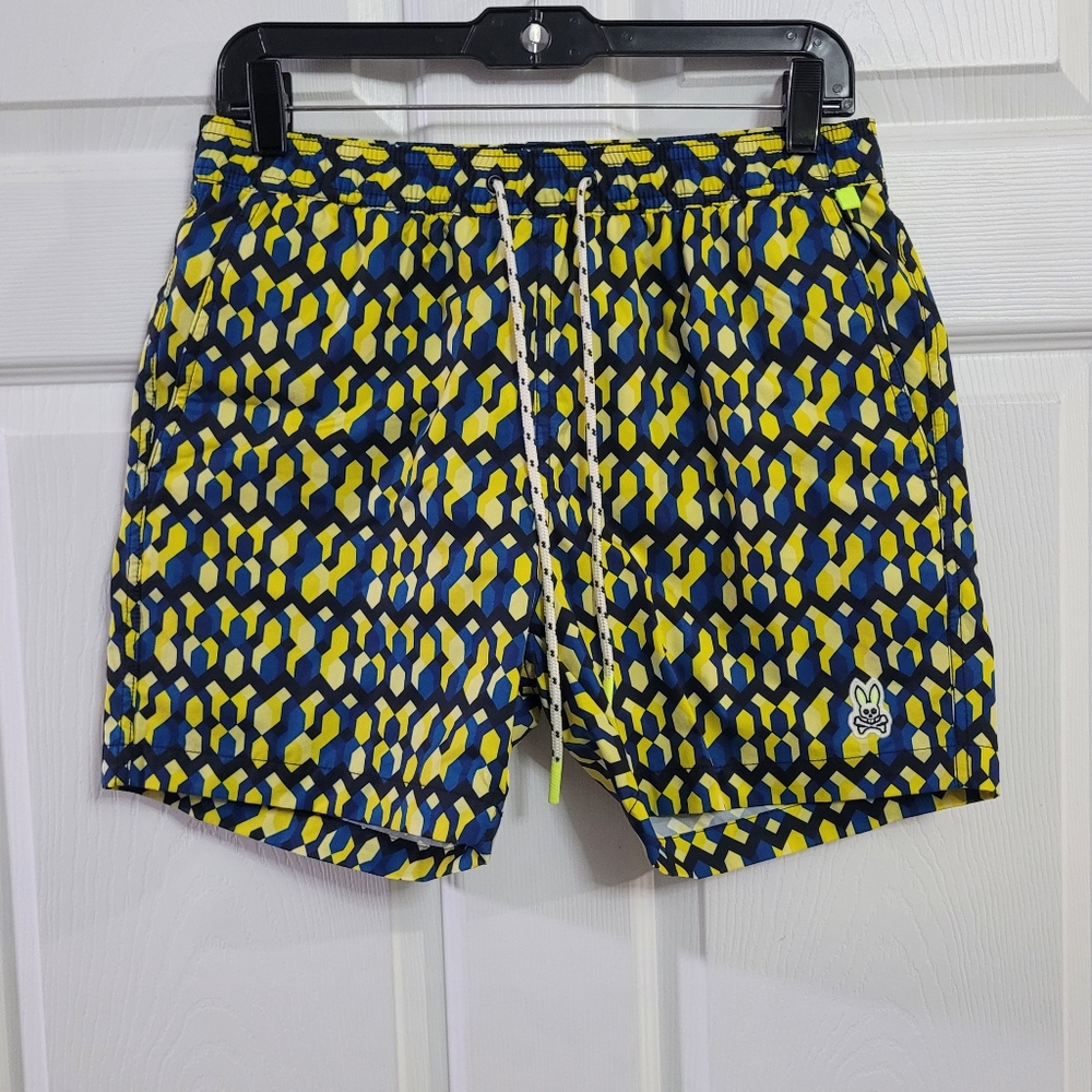 Men Size Small Psycho Bunny Evertte Geo Print Slim Fit Swim Trunks Yellow